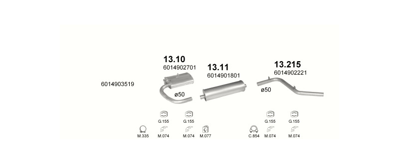 Schéma výfukového systému MERCEDES 408D 2.3 D – 3700MM – sestava 1