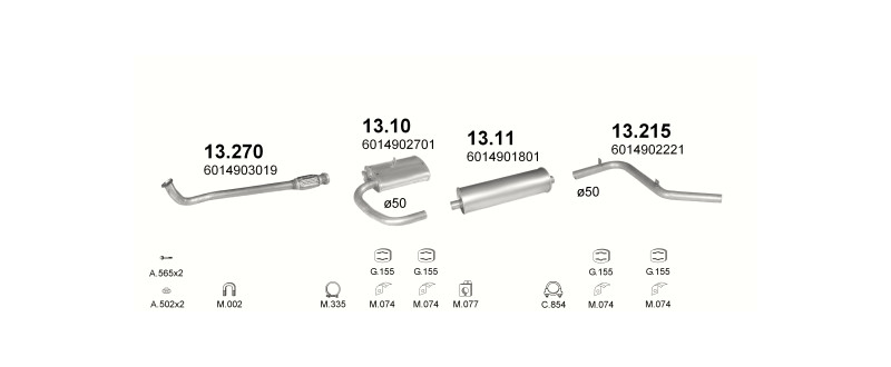 Schéma výfukového systému MERCEDES 410D 2.9 D – 3700MM – sestava 1