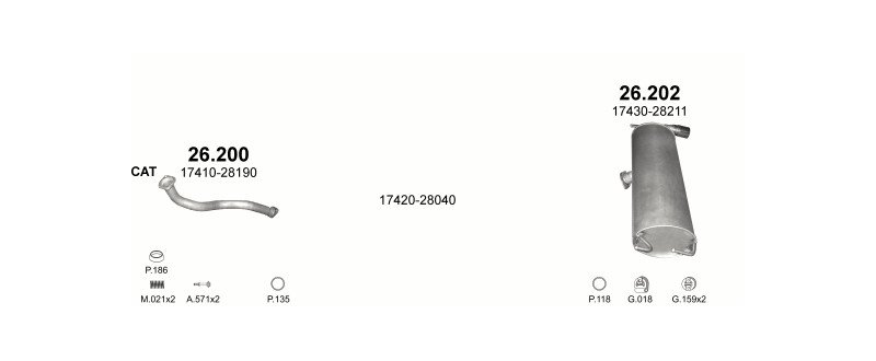 Schéma výfukového systému TOYOTA RAV 4 2.0 – 2.0 16V 4X4 SWB 2280mm (3 doors)