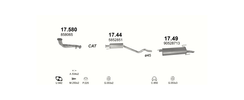 Schéma výfukového systému OPEL ASTRA F 1.4 – 1.4i 16V AUT – sestava 1