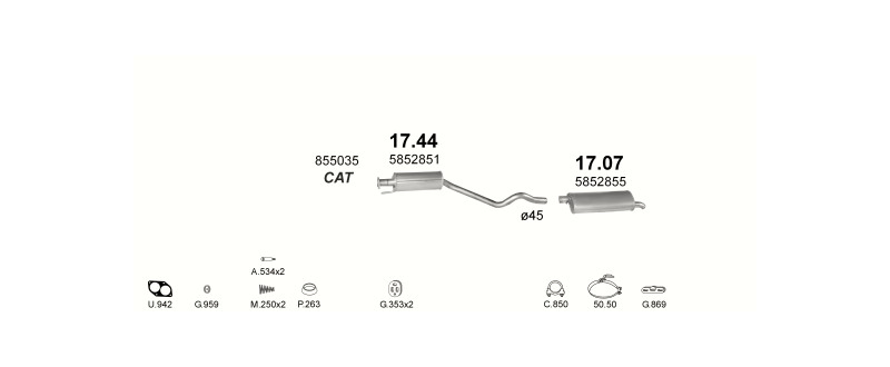 Schéma výfukového systému OPEL ASTRA F 1.6 – Sestava 1
