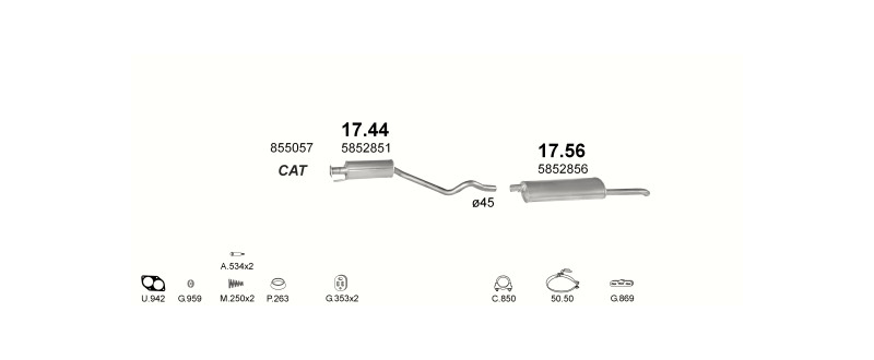 Schéma výfukového systému OPEL ASTRA F 1.6 – Sestava 2