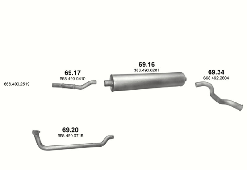Schéma výfukového systému MERCEDES 6-9 T 609 D/709 D – 609 D - WB 3150 , 3700 , 4250 / 709 D - WB 3150 , 3500 , 3700 , 4250