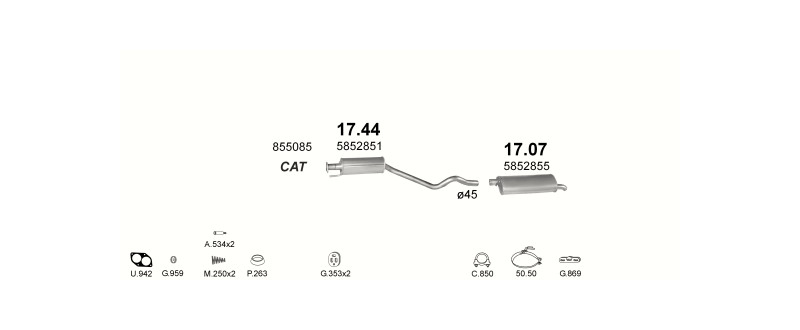 Schéma výfukového systému OPEL ASTRA F 1.6 – 1.6i 16V MAN