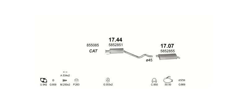Schéma výfukového systému OPEL ASTRA F 1.6 – 1.6i 16V AUT