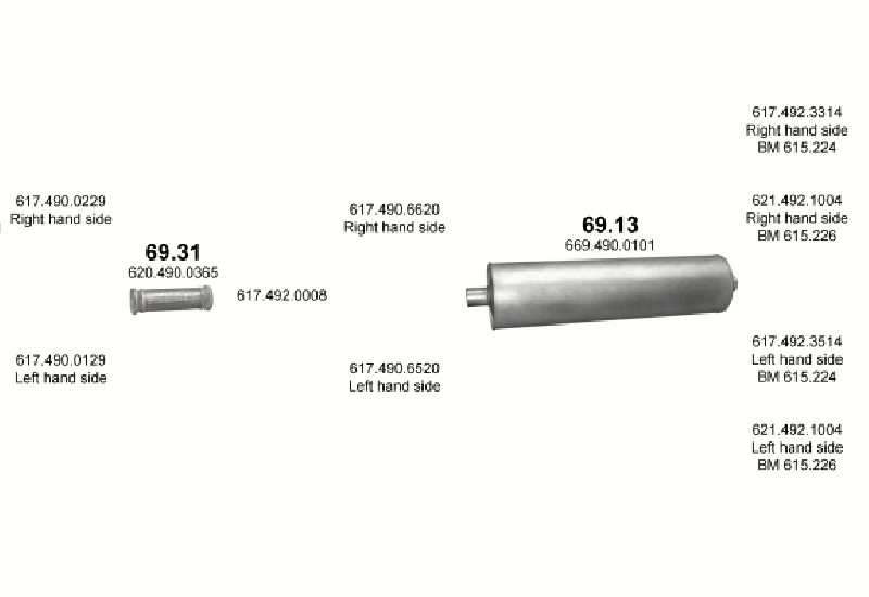 Schéma výfukového systému MERCEDES 10-16 T 1222 A/1222 AS – 1222 A - WB 3600, 4200 / 1222 AS - WB 3600 – sestava 1