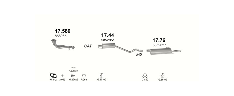 Schéma výfukového systému OPEL ASTRA F 1.6 – 1.6i 16V AUT – sestava 1