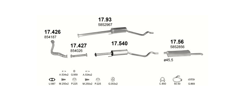 Schéma výfukového systému OPEL ASTRA F 1.7 D – Sestava 1