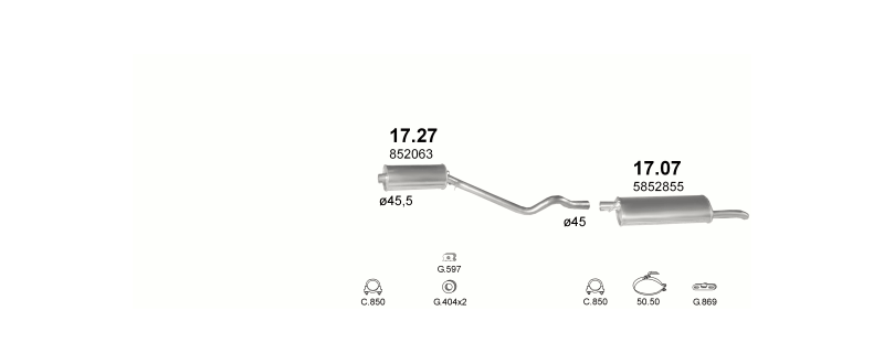Schéma výfukového systému OPEL KADETT E 1.2 – S – sestava 2