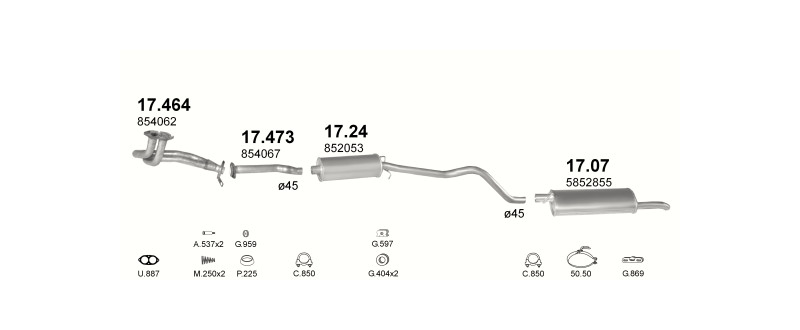 Schéma výfukového systému OPEL KADETT E 1.3 – S,N, manuální převodovka