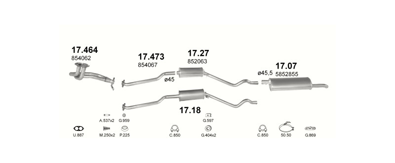 Schéma výfukového systému OPEL KADETT E 1.3 – S, GT, manuální převodovka