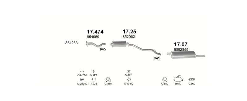 Schéma výfukového systému OPEL KADETT E 1.3 – N, automatická převodovka