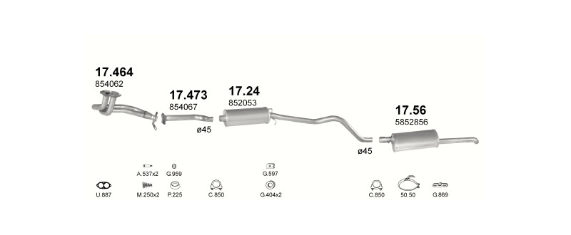 Schéma výfukového systému OPEL KADETT E 1.3 – N, manuální převodovka