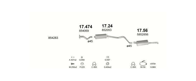 Schéma výfukového systému OPEL KADETT E 1.3 – N, automatická převodovka