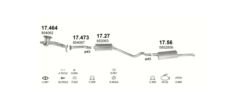 Schéma výfukového systému OPEL KADETT E 1.3 – S, manuální převodovka