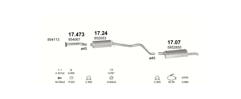 Schéma výfukového systému OPEL KADETT E 1.6 – S, manuální převodovka