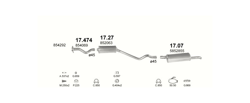 Schéma výfukového systému OPEL KADETT E 1.6 – S, automatická převodovka