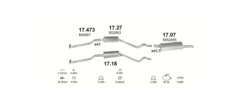 Schéma výfukového systému OPEL KADETT E 1.6 – S, manuální převodovka
