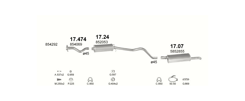 Schéma výfukového systému OPEL KADETT E 1.6 – S, automatická převodovka