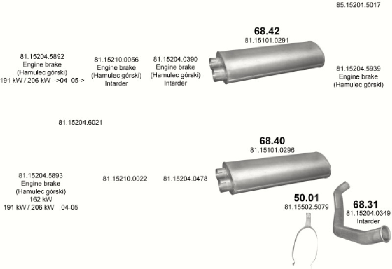Schéma výfukového systému MAN M2000L 6.9 – D0836 LFL L79/L86/L89 – sestava 1