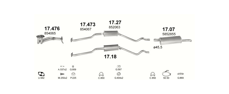 Schéma výfukového systému OPEL KADETT E 1.6 – 1.6i MAN