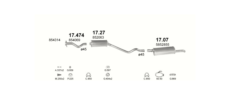 Schéma výfukového systému OPEL KADETT E 1.6 – 1.6i AUT