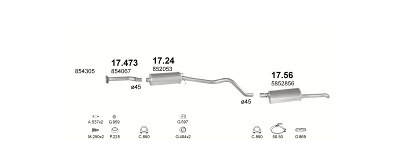 Schéma výfukového systému OPEL KADETT E 1.6 – S, manuální převodovka