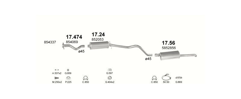 Schéma výfukového systému OPEL KADETT E 1.6 – S, automatická převodovka