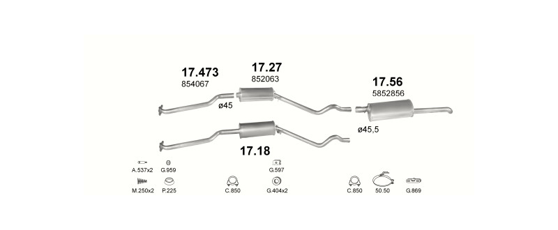 Schéma výfukového systému OPEL KADETT E 1.6 – S, manuální převodovka