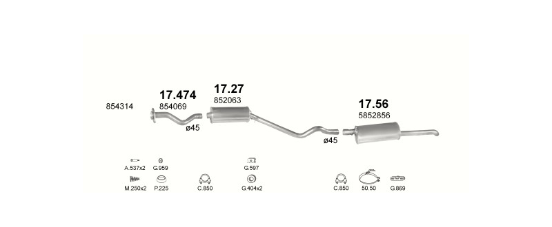 Schéma výfukového systému OPEL KADETT E 1.6 – 1.6i AUT