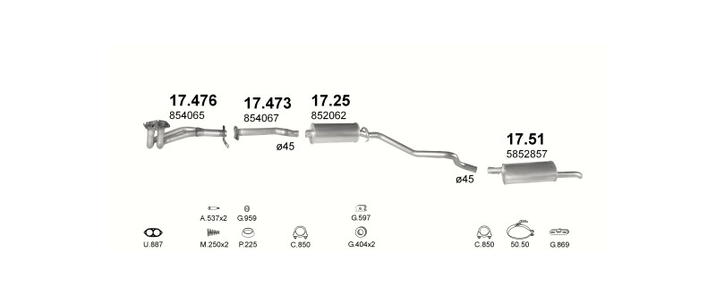 Schéma výfukového systému OPEL KADETT E 1.6 – 1.6i MAN
