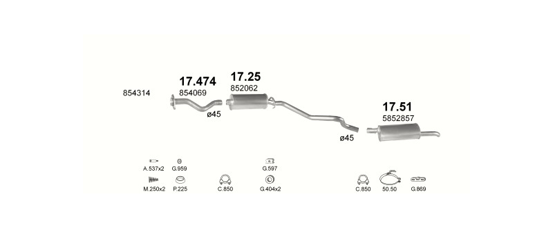 Schéma výfukového systému OPEL KADETT E 1.6 – 1.6i AUT