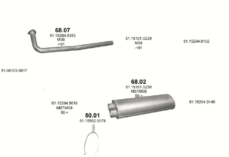Schéma výfukového systému MAN M90 6.9 – D0826 ; 4X4 ; M07/M08 – sestava 1