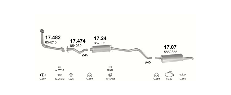 Schéma výfukového systému OPEL KADETT E 1.6 D – manuální převodovka