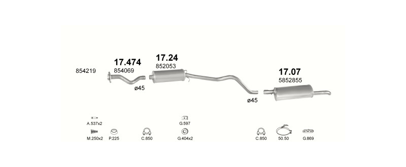 Schéma výfukového systému OPEL KADETT E 1.6 D – automatická převodovka