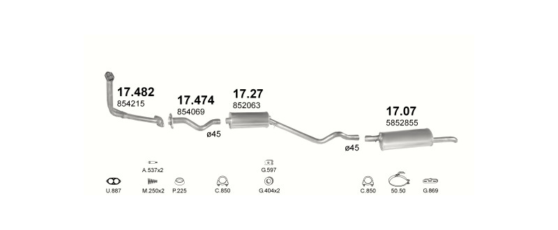 Schéma výfukového systému OPEL KADETT E 1.6 D – manuální převodovka