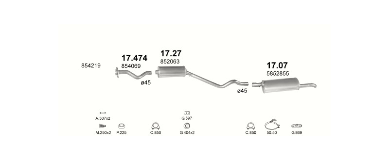 Schéma výfukového systému OPEL KADETT E 1.6 D – automatická převodovka
