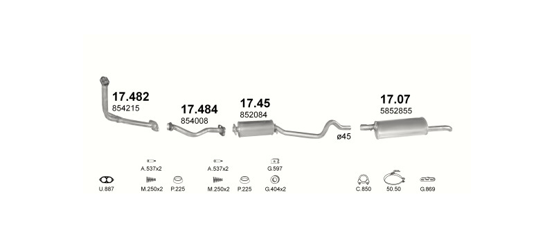 Schéma výfukového systému OPEL KADETT E 1.6 D – manuální převodovka