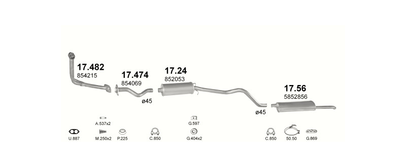 Schéma výfukového systému OPEL KADETT E 1.6 D – manuální převodovka