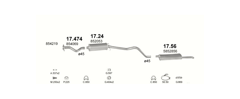 Schéma výfukového systému OPEL KADETT E 1.6 D – automatická převodovka