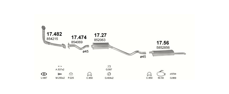Schéma výfukového systému OPEL KADETT E 1.6 D – manuální převodovka