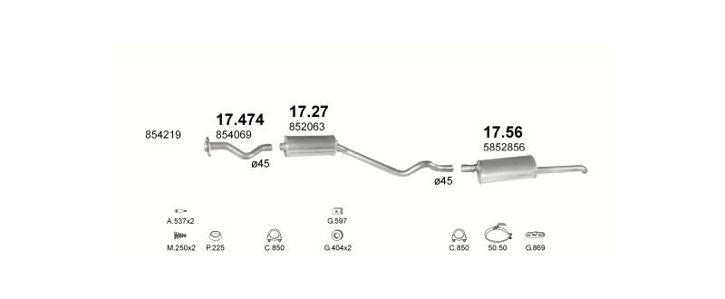 Schéma výfukového systému OPEL KADETT E 1.6 D – automatická převodovka