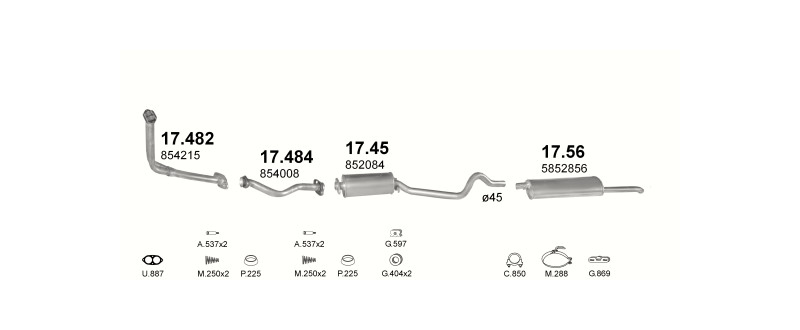 Schéma výfukového systému OPEL KADETT E 1.6 D – manuální převodovka