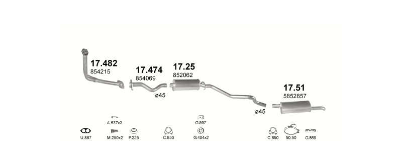 Schéma výfukového systému OPEL KADETT E 1.6 D – manuální převodovka