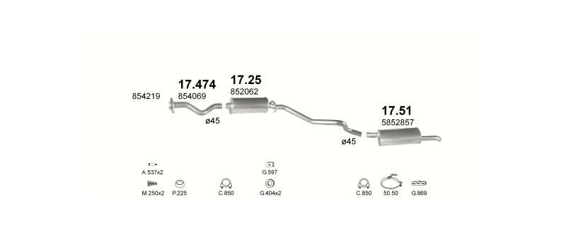 Schéma výfukového systému OPEL KADETT E 1.6 D – automatická převodovka