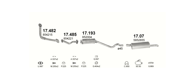 Schéma výfukového systému OPEL KADETT E 1.7 D – manuální převodovka