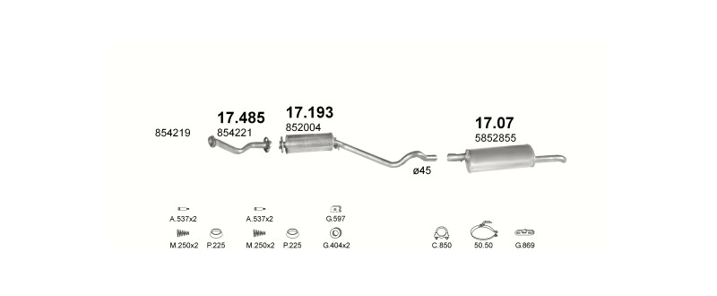 Schéma výfukového systému OPEL KADETT E 1.7 D – automatická převodovka