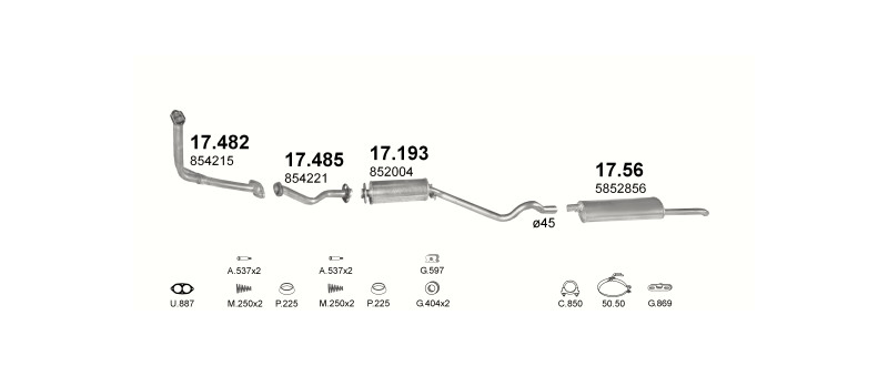 Schéma výfukového systému OPEL KADETT E 1.7 D – manuální převodovka