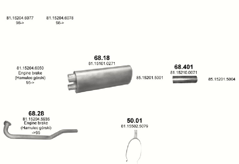 Schéma výfukového systému MAN M2000L 4.6 – D0824 LFL L74/L76/L81/L83 – sestava 1