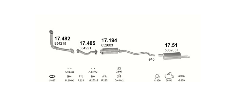 Schéma výfukového systému OPEL KADETT E 1.7 D – manuální převodovka